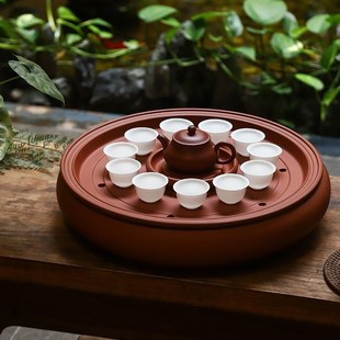 潮汕功夫茶具茶盘储水式圆形超大号紫砂朱泥茶船商用双层托盘茶海