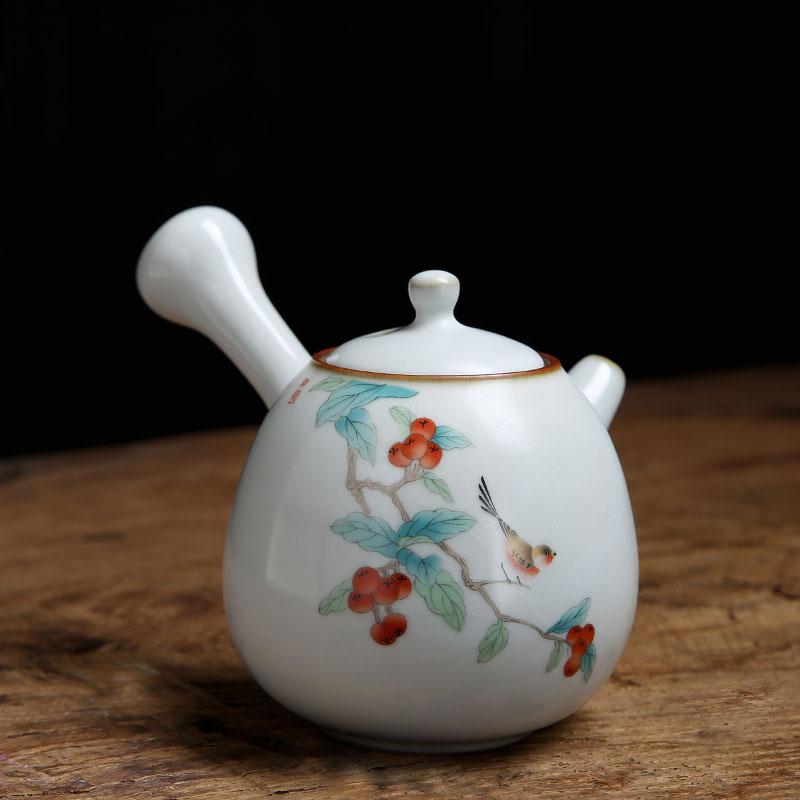 汝窑功夫茶具手工陶瓷茶壶开片可养家用单壶汝瓷侧把壶泡茶器仿古
