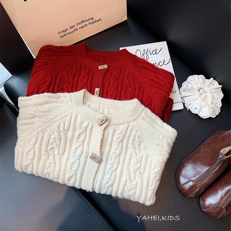 超级百搭!女童针织开衫秋冬外套加厚麻花毛衣儿童红色线衣柔软