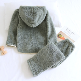 冬季加厚珊瑚绒法兰绒长毛绒可爱卡通儿童女童男童家居服睡衣套装