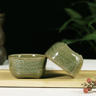 耀州窑青瓷仿古中式饕餮纹方口四足杯办公功夫茶杯主人杯单杯茶具