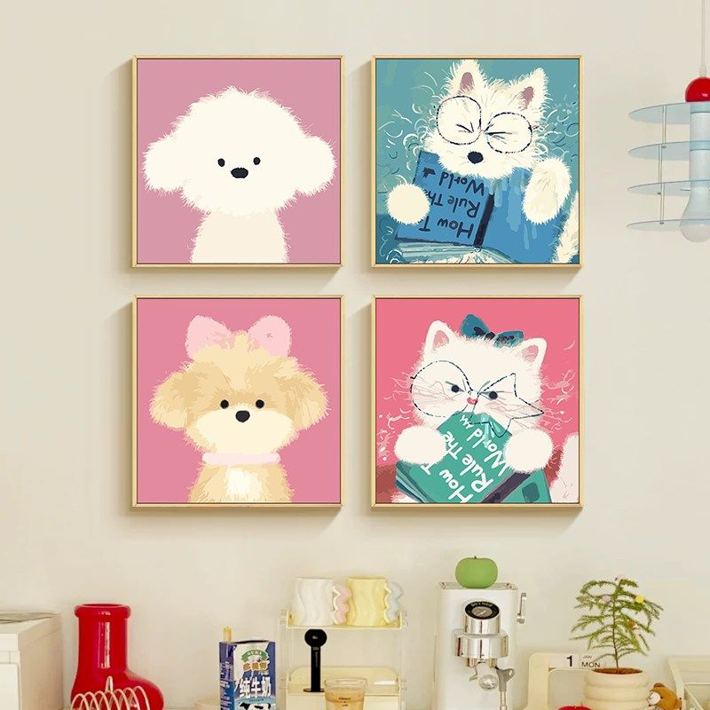 可爱小狗猫咪数字油画diy填充填色手工绘卡通比熊丙烯画装饰挂画,家居饰品,DIY/数字油画,淘宝优惠券,粉丝福利购,淘宝优惠卷