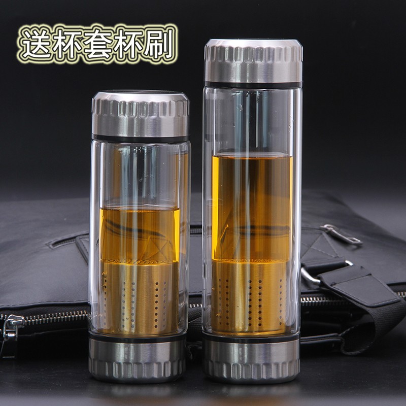 2020新款双头双盖玻璃杯高硼硅耐高温商务办公杯便携车载水杯定制