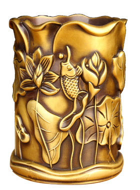 仿古色鱼戏莲叶间铜笔筒摆件 铜祥龙笔筒摆件 大展宏图笔筒