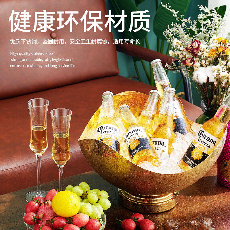 欧式不锈钢大冰桶香槟桶金色奢华家用大号聚会冰酒盆酒吧会所冰桶