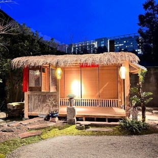 茅草亭茶室庭院别墅花园室外围炉煮茶露台民宿茶室农村小院造景