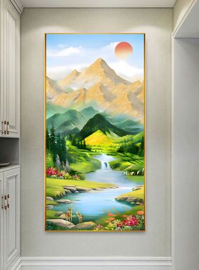 青山绿水挂画东西墙客厅玄关装饰画日照金山聚宝盆绿色风景背景图