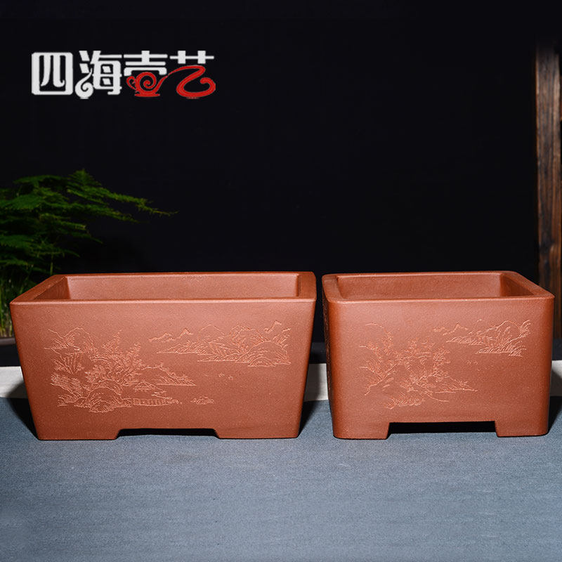 宜兴紫砂花盆 精品 本色清水泥 树桩松针盆 手工刻绘直口长方四方