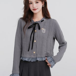 上衣 学院风木耳边拼接显瘦短款 已出货灰色假两件针织开衫 秋冬新款