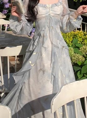 Blovelan雾霭鎏蓝 气质灰蓝色晕染仙气蝴蝶烫金荷叶边长袖连衣裙