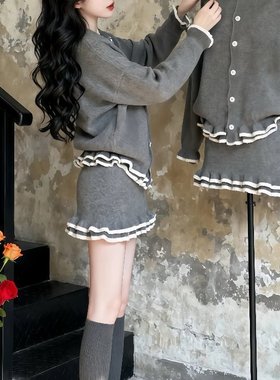 韩风chic一整套装女秋冬新款灰色圆领针织开衫木耳边半身裙两件套