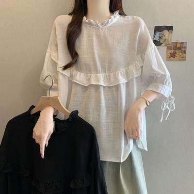 实拍2026早春大码女装宽松韩版轻奢简约气质网纱中袖棉麻透款衫