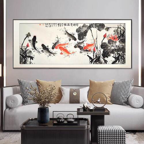 新中式荷花锦鲤装饰画客厅沙发背景墙挂画国风现代壁画