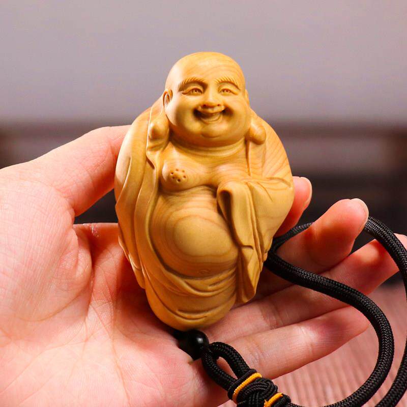 黄杨木笑脸大肚弥勒佛像手把件文玩木质雕刻新中式工艺品挂件