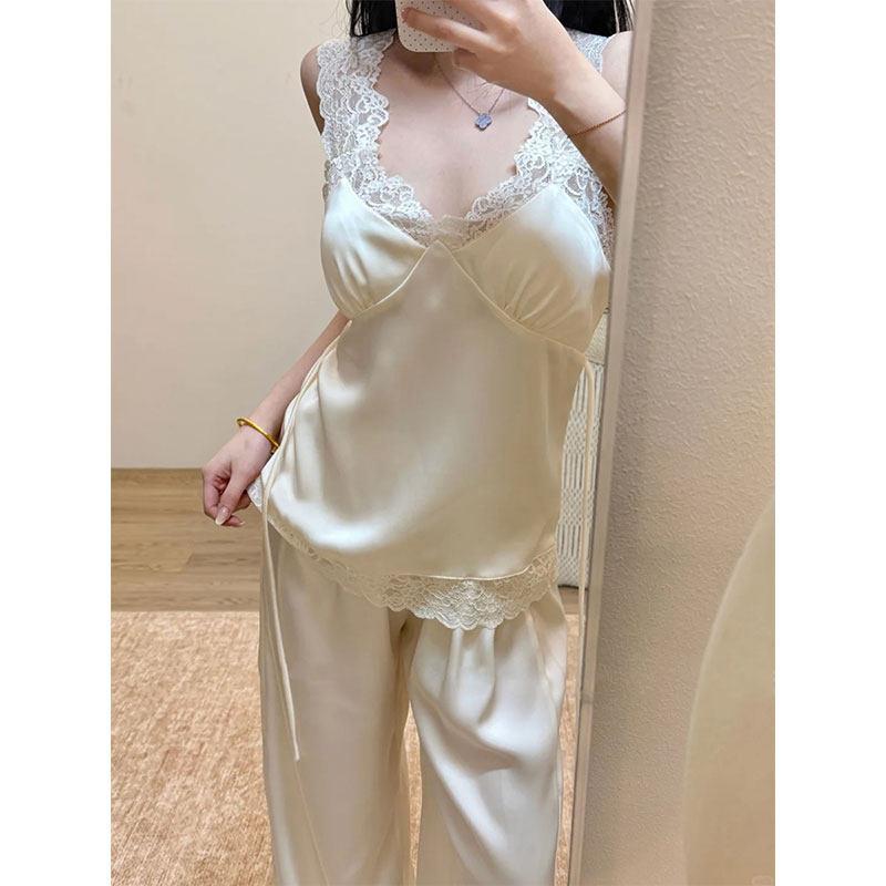 韩版蕾丝拼接缎面吊带睡衣女2026新款春秋季高级感冰丝家居服套装