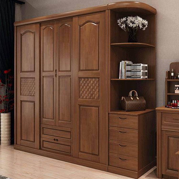 实木推拉门橡木衣柜现代中式卧室家具组装四门大衣橱衣柜
