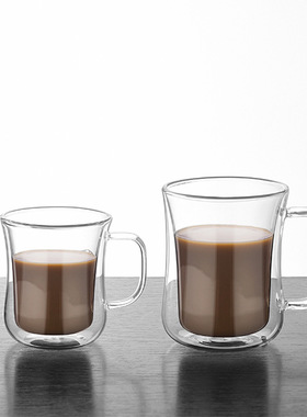 双层玻璃咖啡杯带把牛奶杯马克咖啡杯家用耐热水杯早餐杯隔热杯子