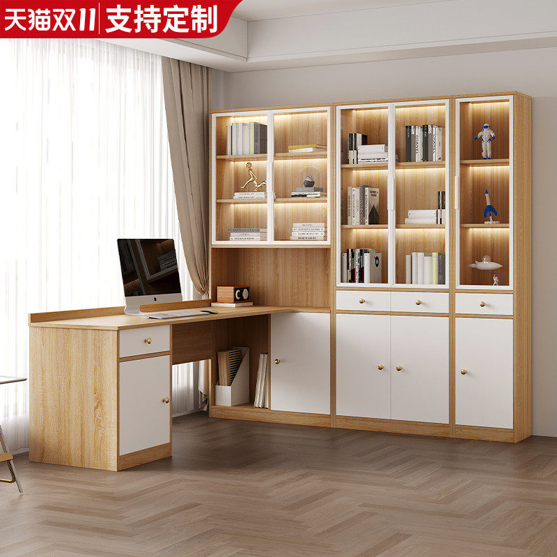 实木转角书桌书柜一体组合家用学生电脑桌书架包安装定制