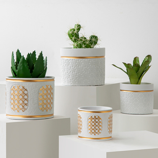 北欧水泥花盆网红款金边轻奢家用客厅阳台大号绿萝蝴蝶兰花盆花器