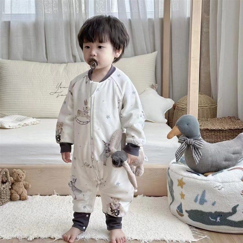 秋冬恒温夹棉保暖婴儿睡袋A类纯棉宝宝分腿睡衣儿童连体衣家居服