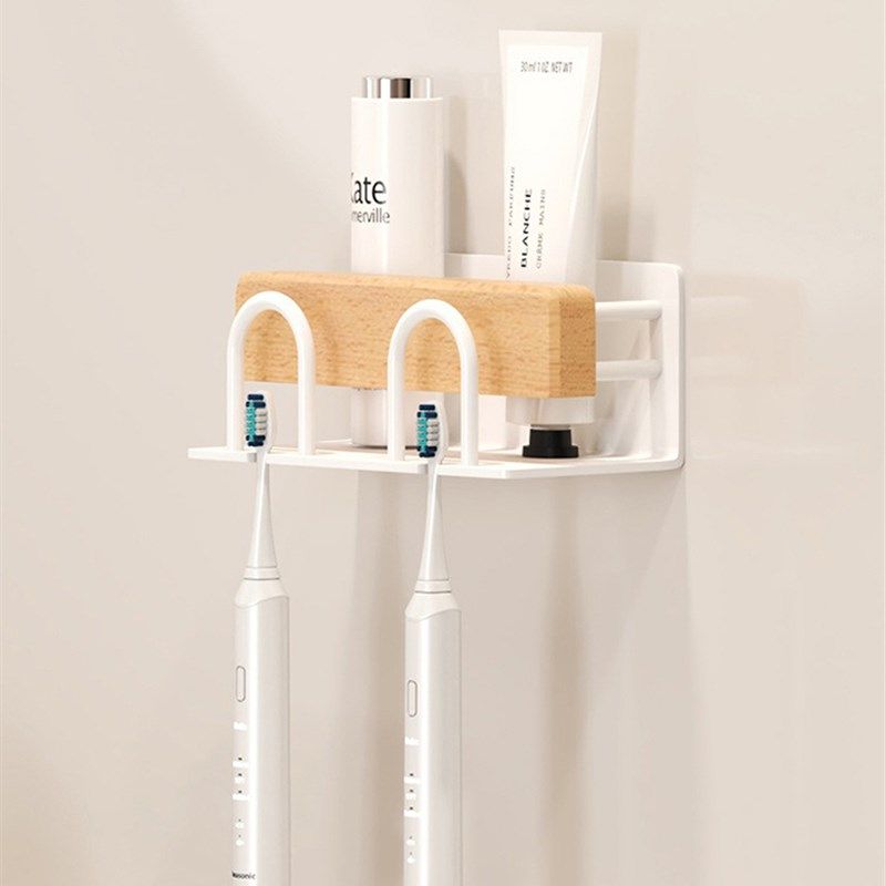 一家四口牙刷架电动榉木置物架洗漱台牙缸架壁挂式原木三人牙膏架