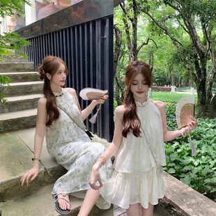 两件套新中式国风盘扣立领无袖挂脖上衣女夏千金风半身长短裙套装