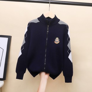 男童毛衣开衫秋装2021儿童拉链针织衫中大童女童红色上衣纯棉加绒