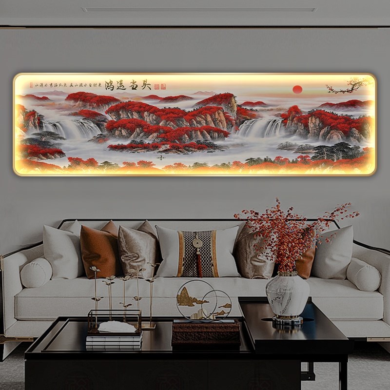 网红鸿运当头装饰画带灯新中式壁画床头发光挂画山水卧室沙发背景
