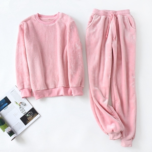 情侣法兰绒睡衣女冬加厚加绒保暖束脚收口珊瑚绒套头家居服套装男