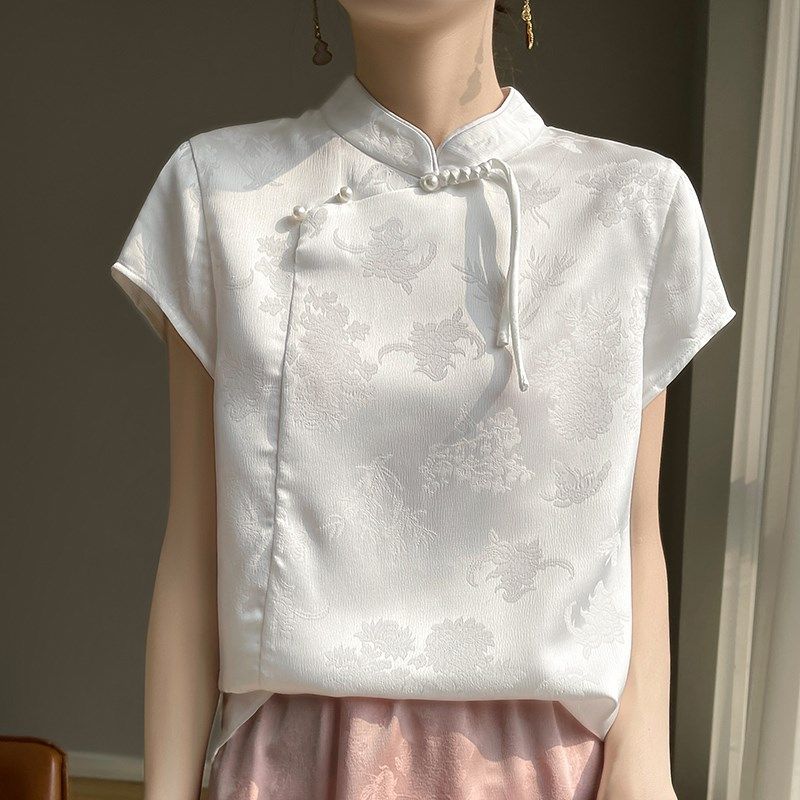 中式国风盘扣提花衬衫缎面禅意旗袍上衣立领套头衬衣真丝短袖T恤,女装/女士精品,真丝上装,淘宝优惠券,粉丝福利购,淘宝优惠卷