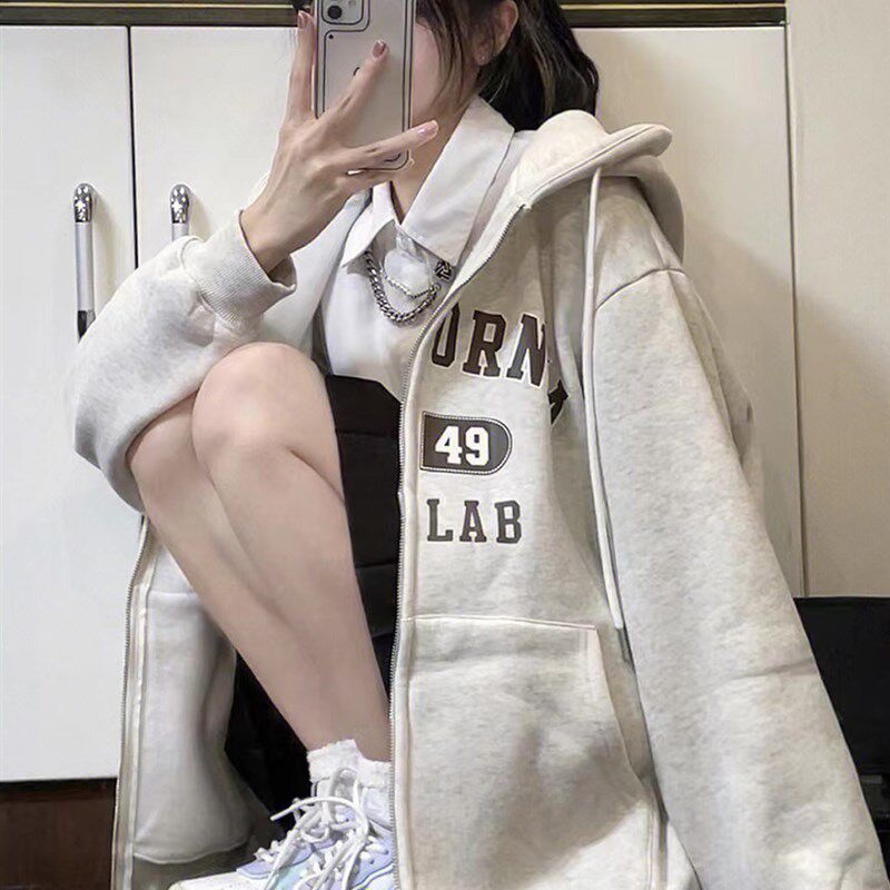 美式纯棉花灰色学生开衫拉炼中长版春秋季薄款宽松卫衣连帽外套女