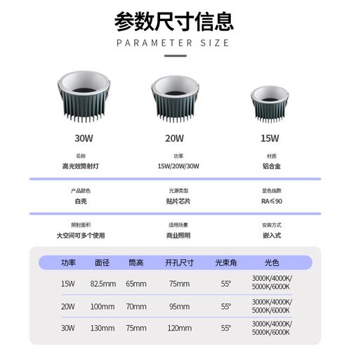 高光效led防眩筒灯嵌入式75mm店铺商用4寸天花孔灯开孔9.5/12公分