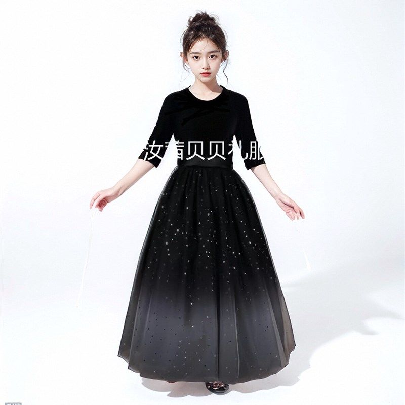 女童高端礼服裙主持人黑色渐变色长裙系带朗诵合唱提琴钢琴演出服