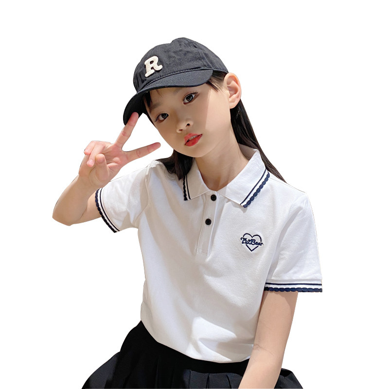 儿童POLO衫女童夏装短袖t恤纯棉童装学院风有领T恤衫上衣2023新款