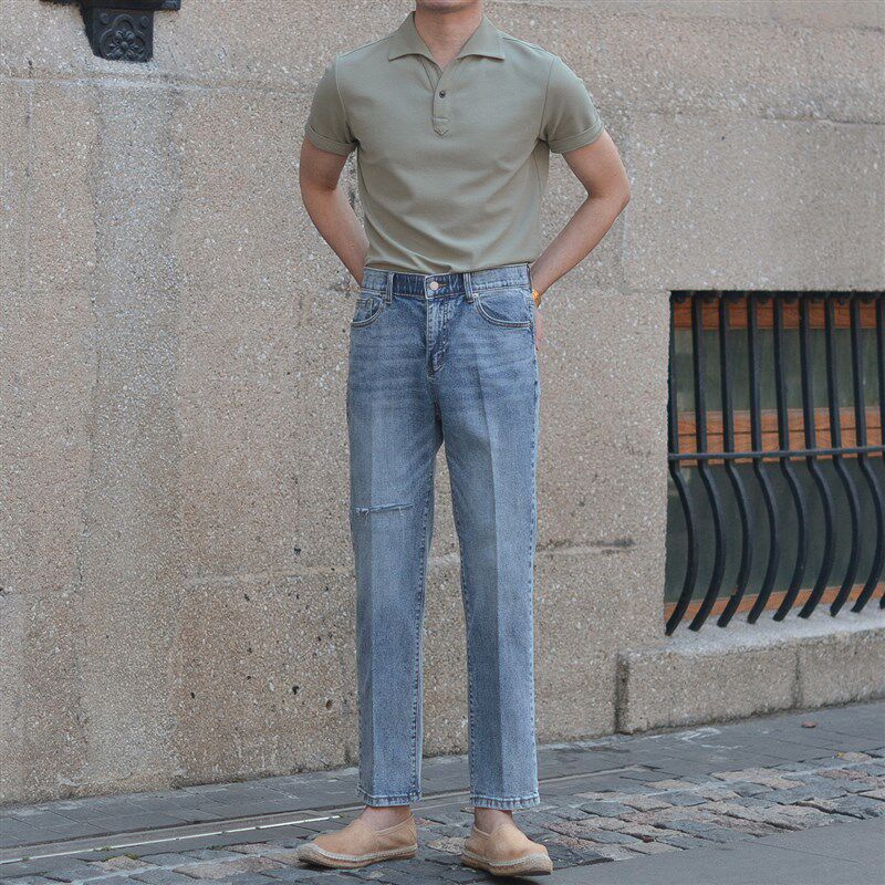 休闲复古水洗浅蓝色直筒牛仔裤男时尚刀割破洞修身高级感百搭裤子