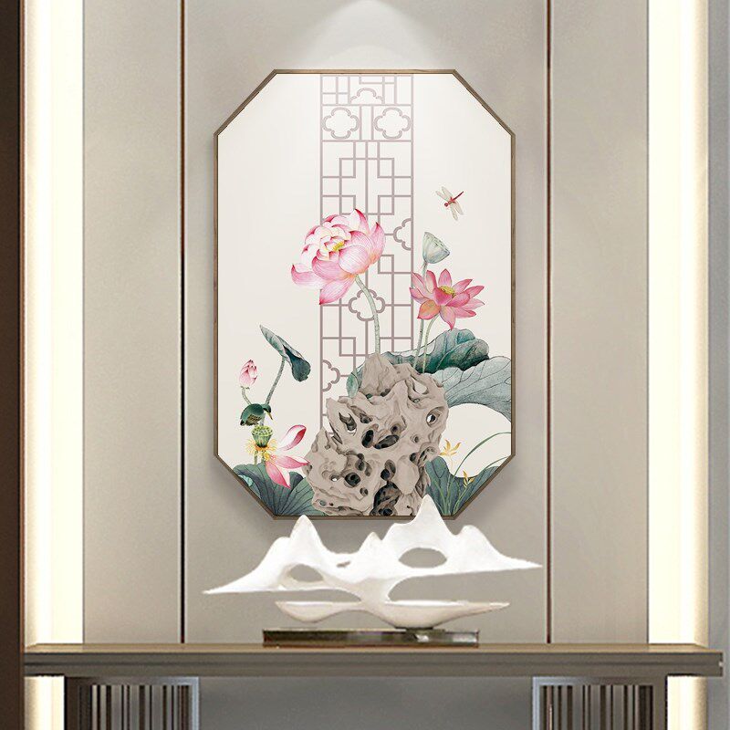 客厅挂画禅意莲花图新中式壁画背景墙装饰画玄关八边形荷花网红