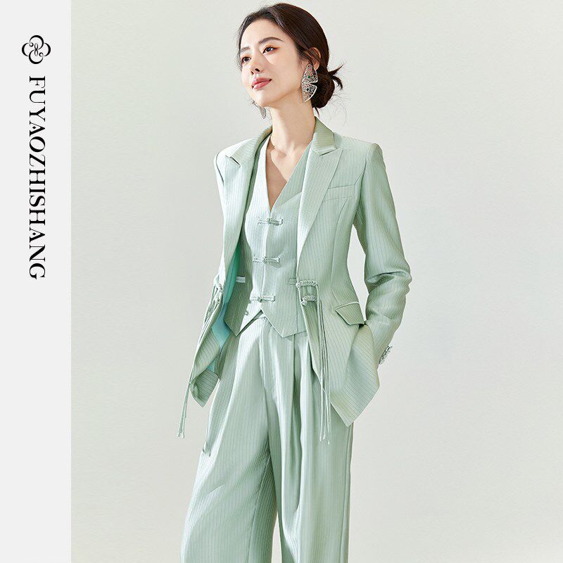 FUYAO扶摇 中国风盘扣绿色西装外套两件套女秋高级感休闲时尚套装