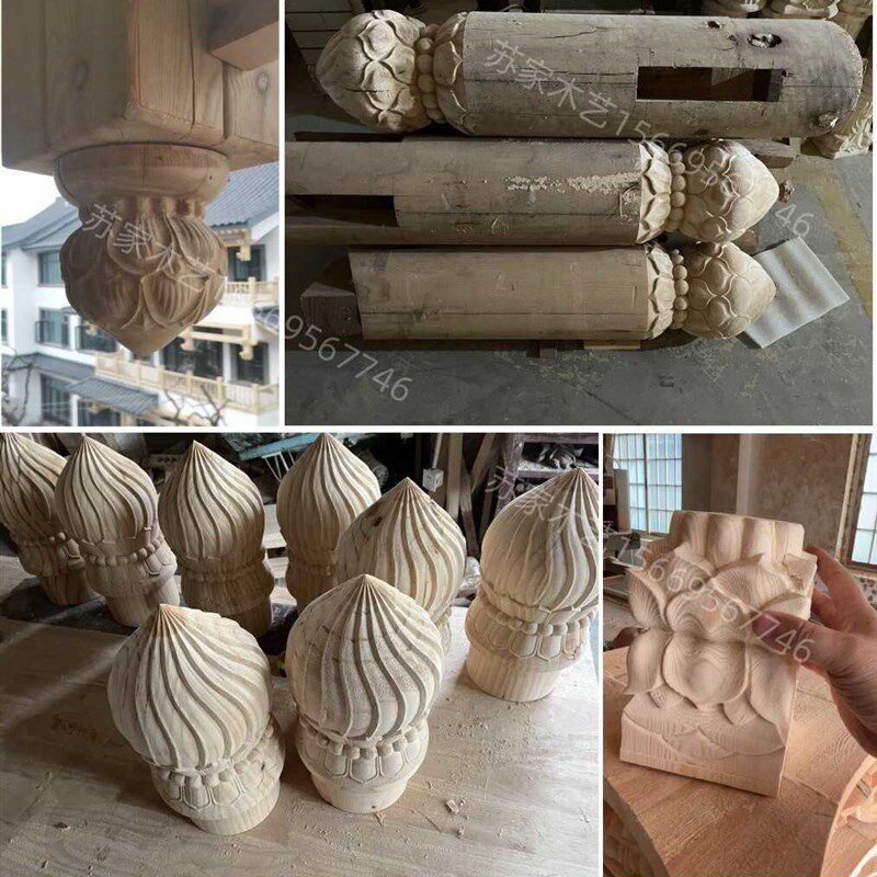 东阳木雕仿古门头垂花柱头悬梁垂莲花柱中式屋檐实木雕花装饰定制