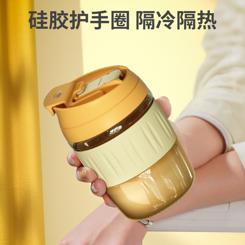 吸管玻璃水杯子咖啡奶茶随手杯泡茶带盖随行便携办公室男女双饮杯