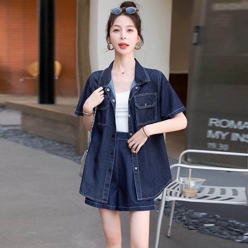 短袖牛仔衬衫套装女2025新款夏季港风复古宽松休闲短裤网红两件套