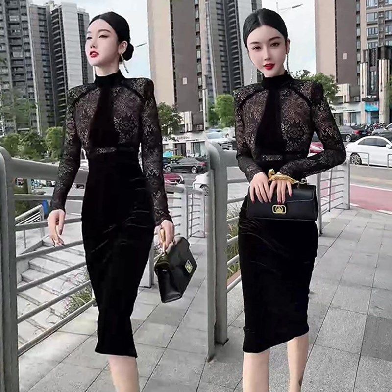 性感女神范蕾丝拼接连衣裙2024秋季新款修身显瘦百搭气质高档裙子