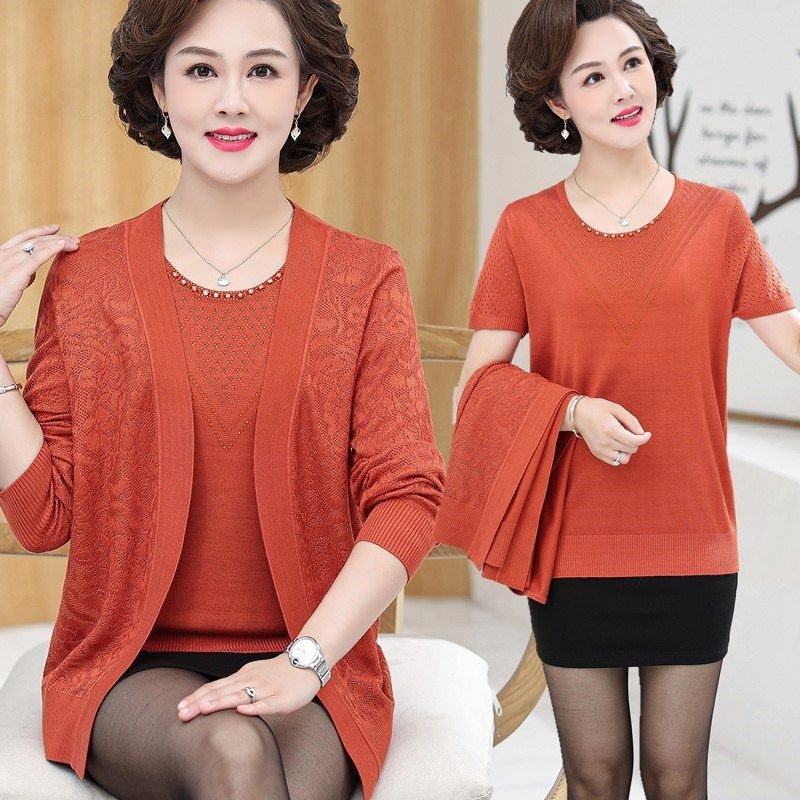 中老年人春秋针织开衫外套洋气中年女士妈妈装夏季短袖T恤两件套