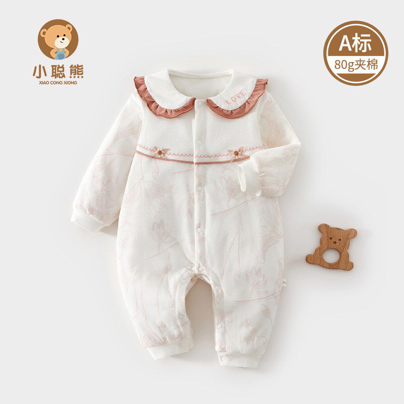 婴儿连体衣秋冬夹棉保暖女宝宝冬季薄款棉衣爬服外出衣服a类春装6