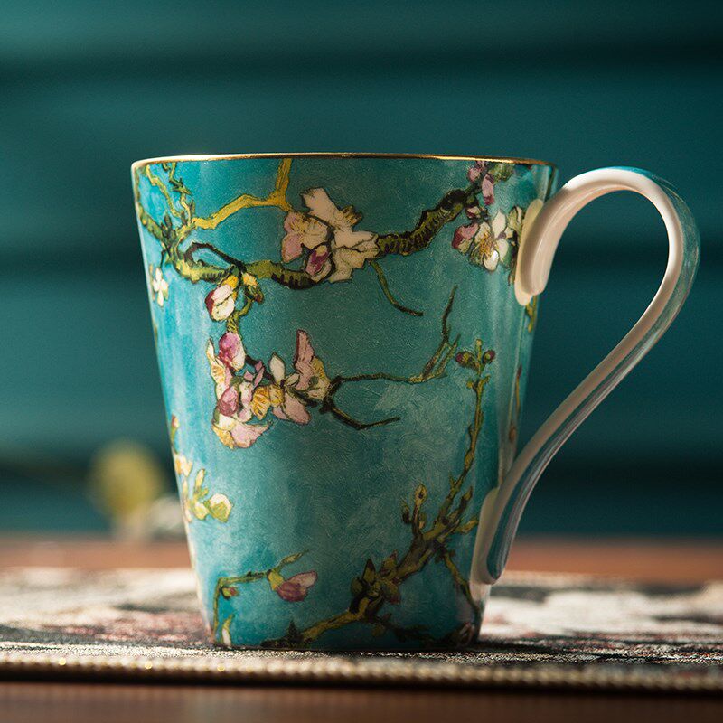 陶瓷马克杯北欧喝水杯子骨瓷家用精致杏花情侣杯早餐杯咖啡杯茶杯