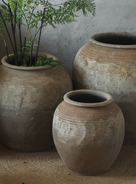 大型圆肚黄色陶罐民宿庭院花园装饰陶瓷粗陶落地大花瓶侘寂风翁瓶