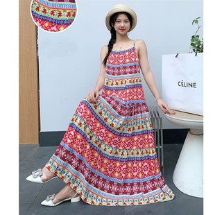 波西米亚棉绸碎花吊带裙连衣裙长裙宽松沙滩裙旅游海边度假裙