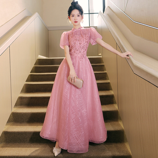 晚礼服女2024新款高级感轻奢小众高端法式年会新中式旗袍豆沙粉色