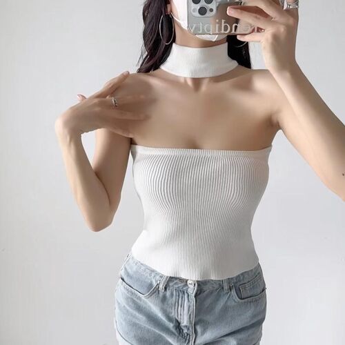 前后两穿针织挂脖吊带背心女装夏季新品甜辣性感紧身小众露肩上衣