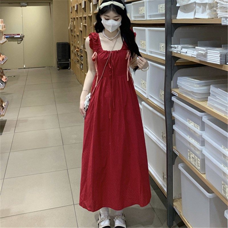 高中女生背带连衣裙红色裙子夏时髦设计感背心裙甜美气质背带长裙