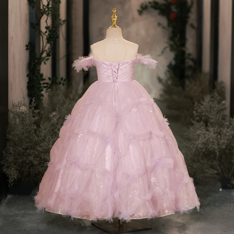 女童礼服轻奢小众高端秋冬粉紫色儿童小主持人钢琴演奏演出服生日